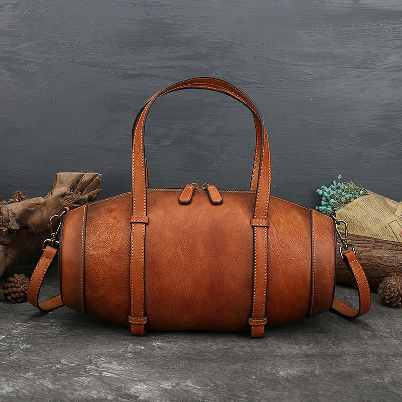 Zee Leather - New Style Leather Handbags Solid Color Retro Top Layer Cowhide Bucket Bag