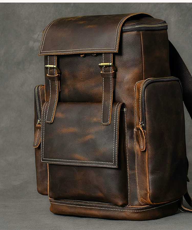 Zee Leather - Retro Crazy Horse Leather Mens Backpack male computer bag Large Capacity 15.6 inch laptop bags genuine leather Travel Backpacks
