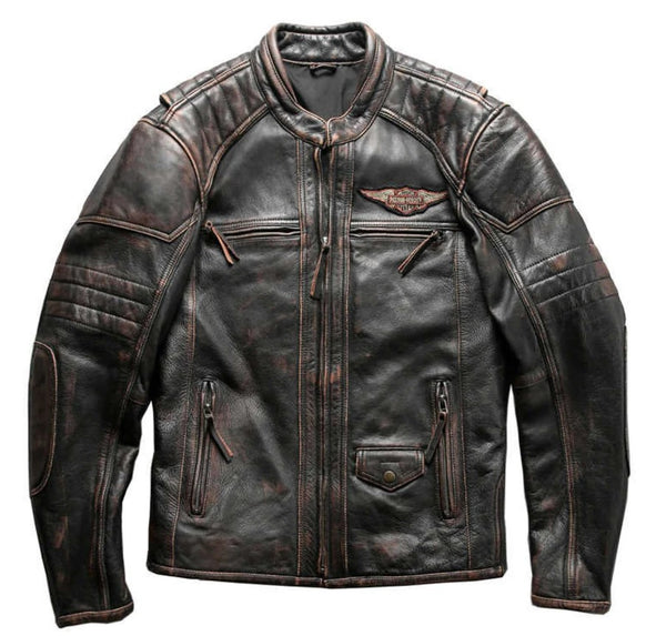 HD Motorcycle Triple Vent Detonator Distressed Leather Jacket