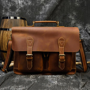 Zee Leather - Men's Leather Briefcase Retro Crazy Horse Leather Messenger Bag Computer Bag