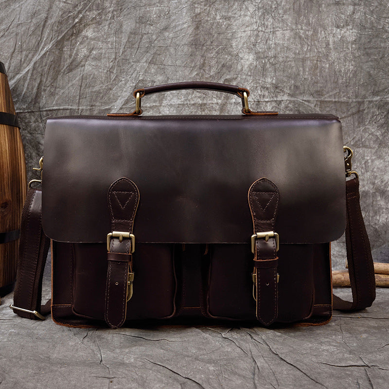 Zee Leather - Men's Leather Briefcase Retro Crazy Horse Leather Messenger Bag Computer Bag