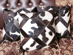 Cowhide Patchwork Cushion Covers (16 X 16 inch) | 100% Natural Hair on Cowhide Leather Pillow Cases | Real Cowhide Cushion Covers (Tricolor 1)