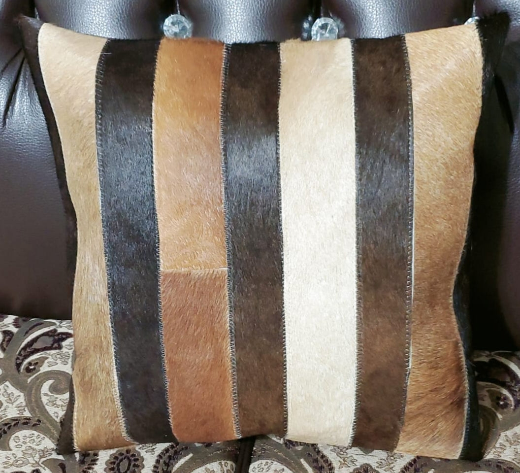 Cowhide Patchwork Cushion Covers (16 X 16 inch) | 100% Natural Hair on Cowhide Leather Pillow Cases | Real Cowhide Cushion Covers (Tricolor 2)