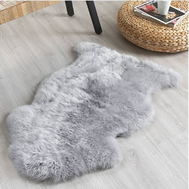 New Genuine Sheepskin Rug, Thick Soft Luxurious Wool, Fur Area, Fluffy Thick Carpet, Decorative Rug, Approximately 2x3 ft (Gray)